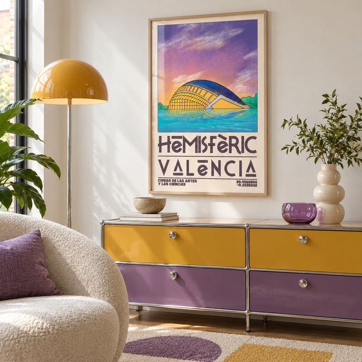 Valencia City Art Print shown in a calm reading corner (frame not included)