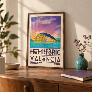 Valencia City Art Print, a small A4 framed print leaning on a walnut writing desk