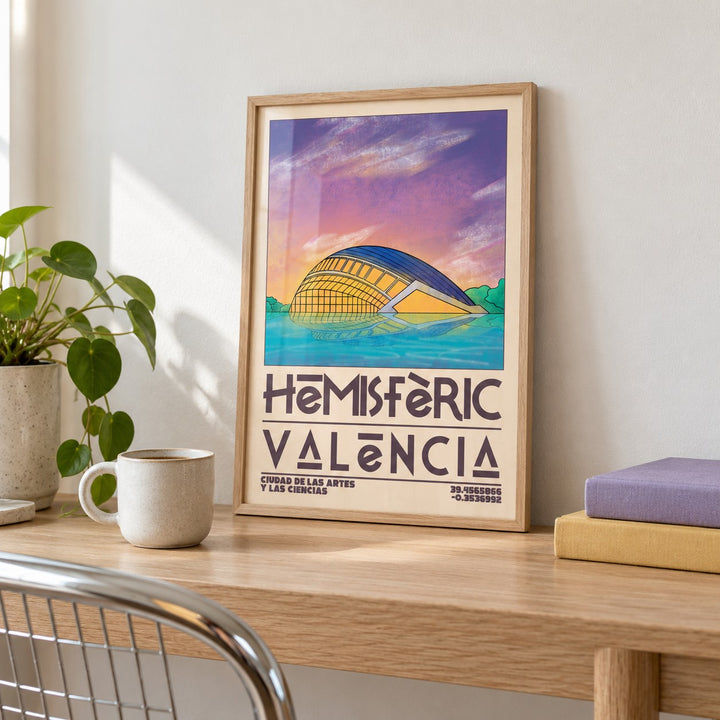 Valencia City Art Print shown in the small A4 size on a side table (frame not included)