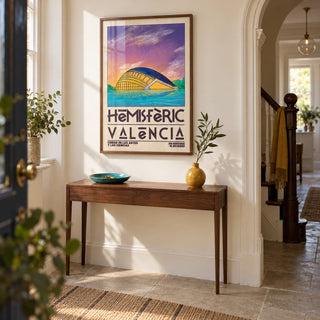 Valencia City Art Print, framed on the wall of a welcoming hallway in a UK Victorian terrace updated with smooth cream walls and a plain stone floor