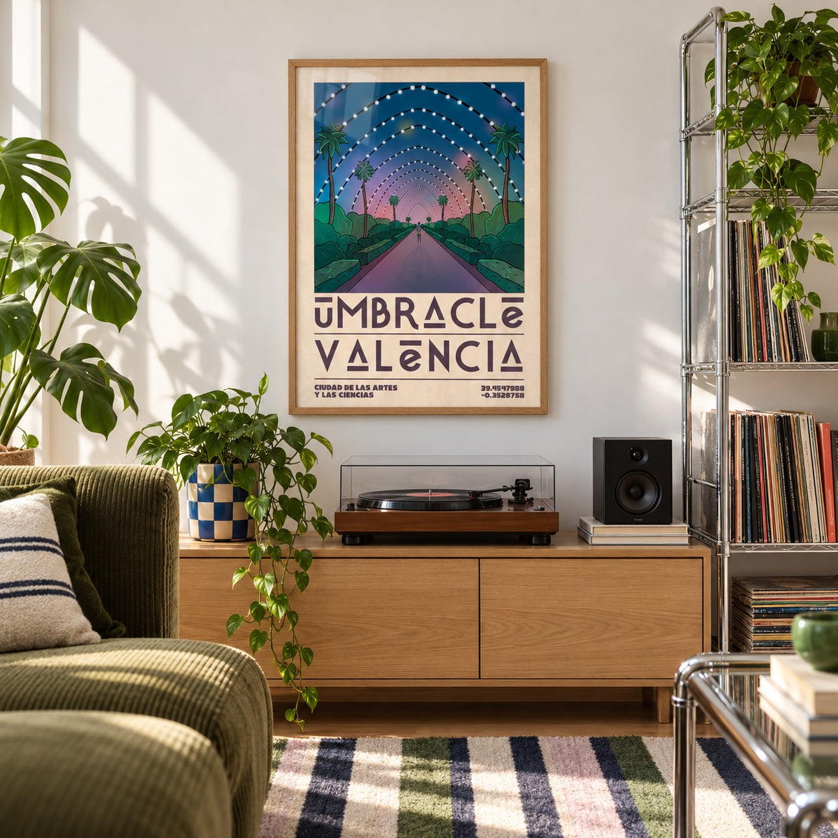 Poster Valencia shown in a city apartment record corner (frame not included)