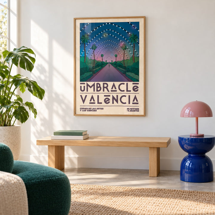 Poster Valencia shown in a colourful minimalist living room with a bench (frame not included)