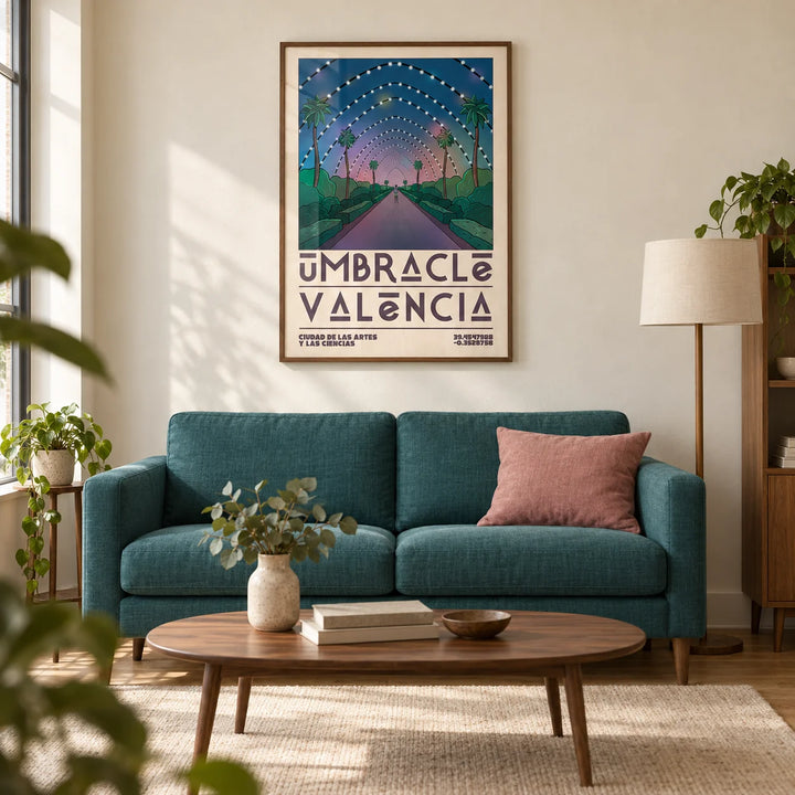 Poster Valencia, framed on the wall of a contemporary living room in a UK city flat with warm cream plaster walls and an oak floor