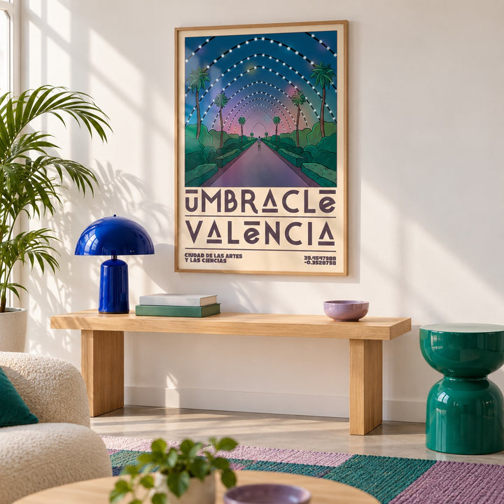 Poster Valencia shown in a minimalist living room with an oak console (frame not included)