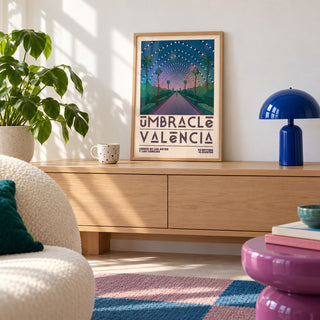 Poster Valencia shown in the small A4 size on a styled console (frame not included)