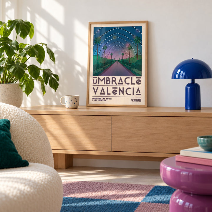 Poster Valencia shown in the small A4 size on a styled console (frame not included)