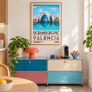 Valencia Oceanographic Art Print shown in a kitchen above a coffee station (frame not included)