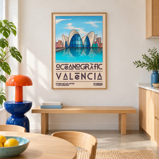 Valencia Oceanographic Art Print shown in a colourful minimalist room (frame not included)