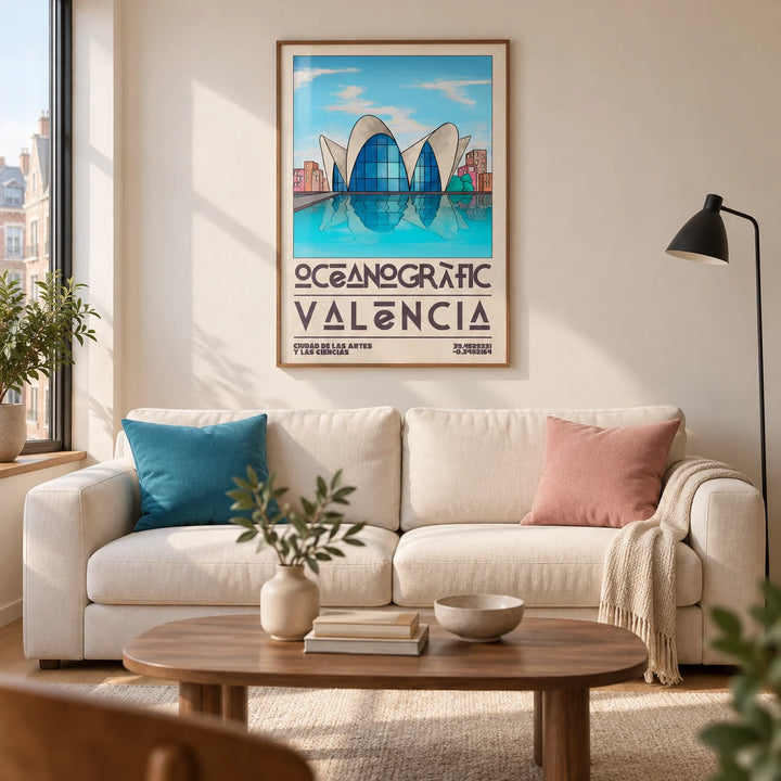 Valencia Oceanographic Art Print, framed on the wall of a contemporary living room in a UK city flat with warm white plaster walls