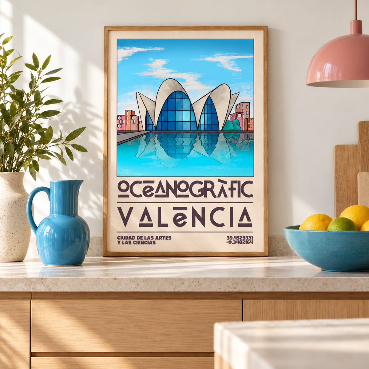 Valencia Oceanographic Art Print shown in a kitchen, leaning on the counter (frame not included)