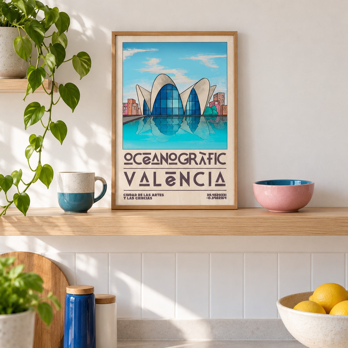 Valencia Oceanographic Art Print shown in the small A4 size on a kitchen shelf (frame not included)