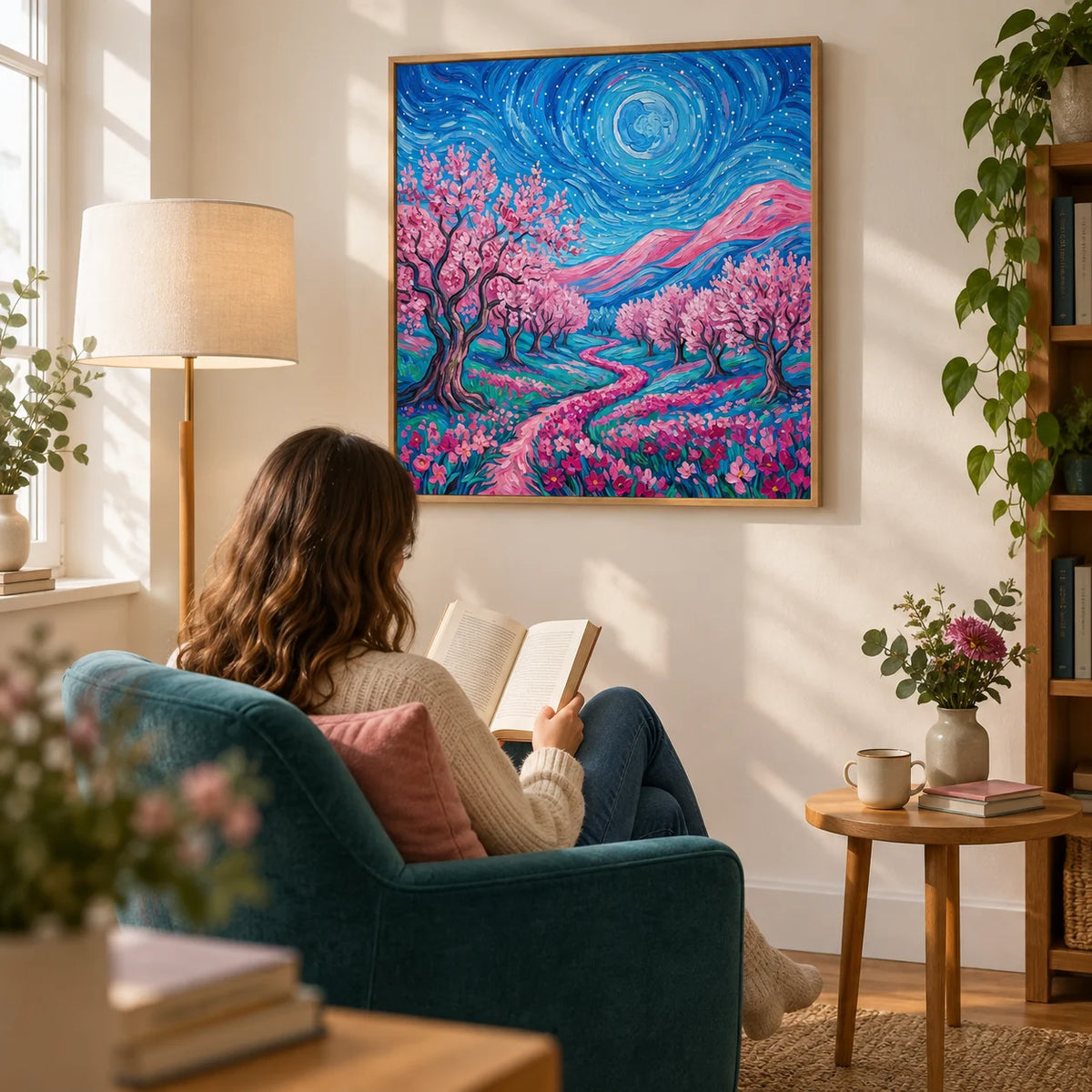 Van Gogh Floral Print, framed on the wall of a bright reading corner in a first UK flat for an adult aged 25-35 in a living room