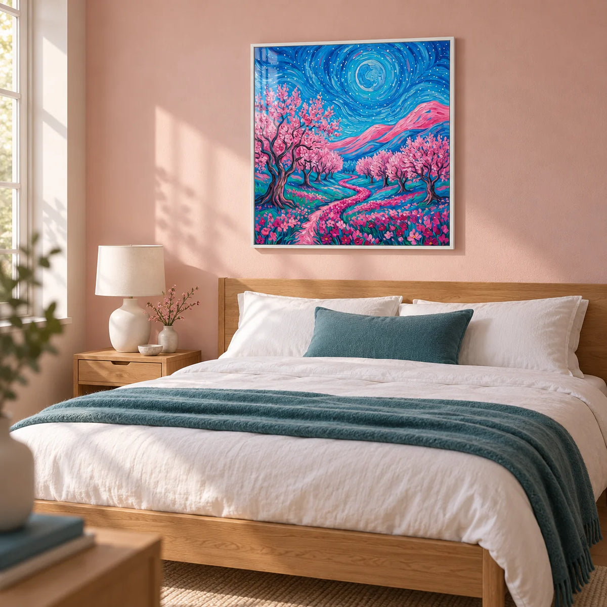 Van Gogh Floral Print, framed on the wall of a calm contemporary bedroom with a muted blush pink wall and pale oak floor