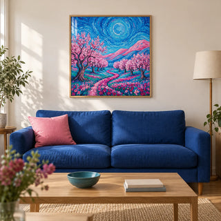 Van Gogh Floral Print, framed on the wall of a contemporary living room in a UK terraced home with warm white walls
