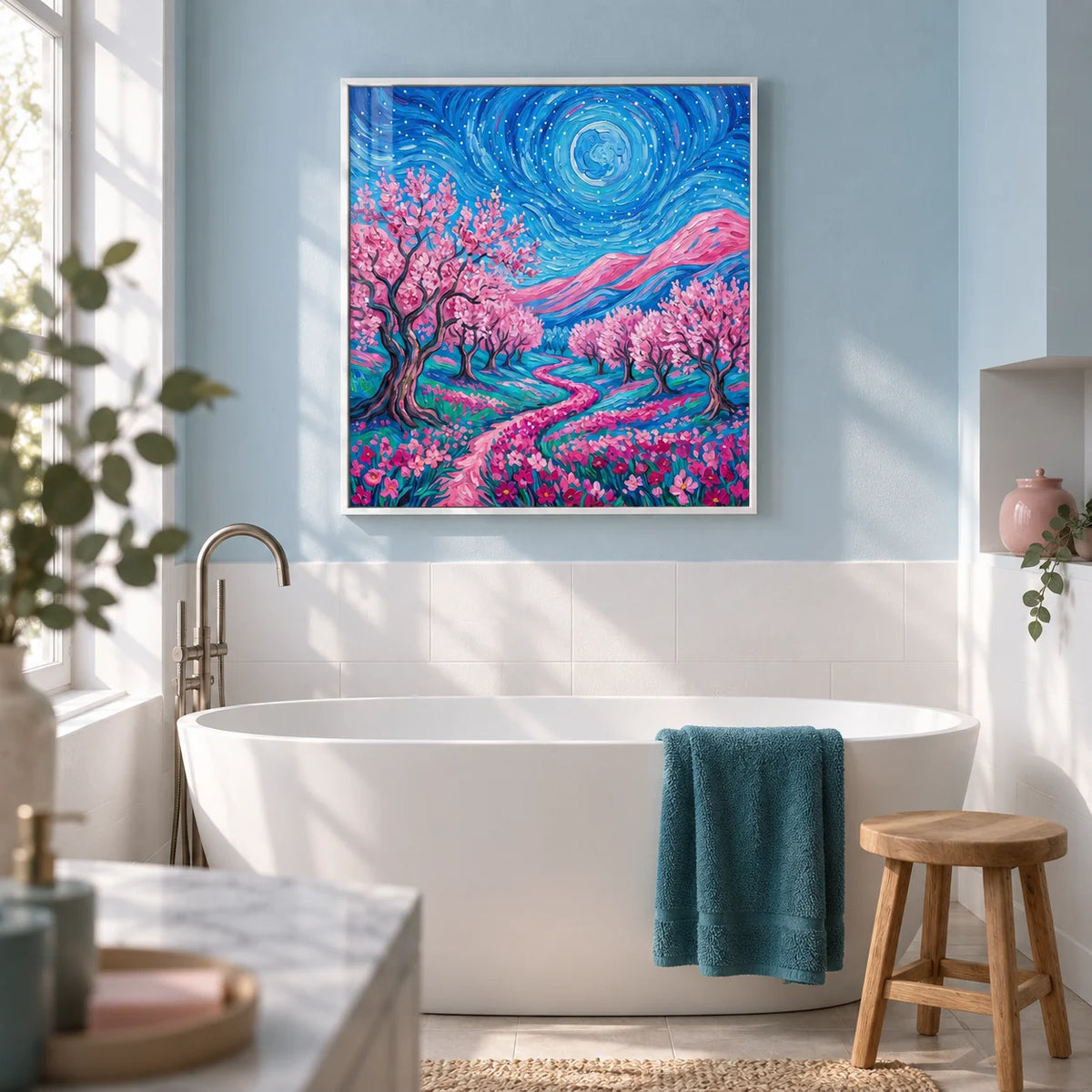 Van Gogh Floral Print, framed on the wall of a fresh contemporary bathroom with a pale blue painted wall above plain white tiles
