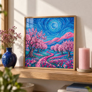 Van Gogh Floral Print, a small A4 framed print leaning on an oak shelf in a living room