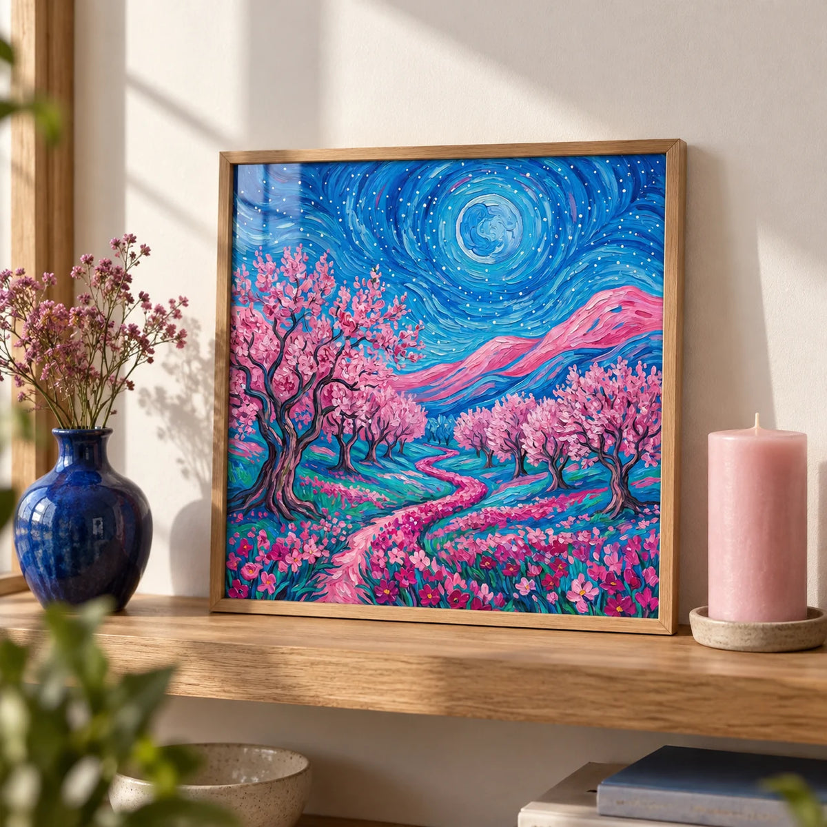 Van Gogh Floral Print, a small A4 framed print leaning on an oak shelf in a living room