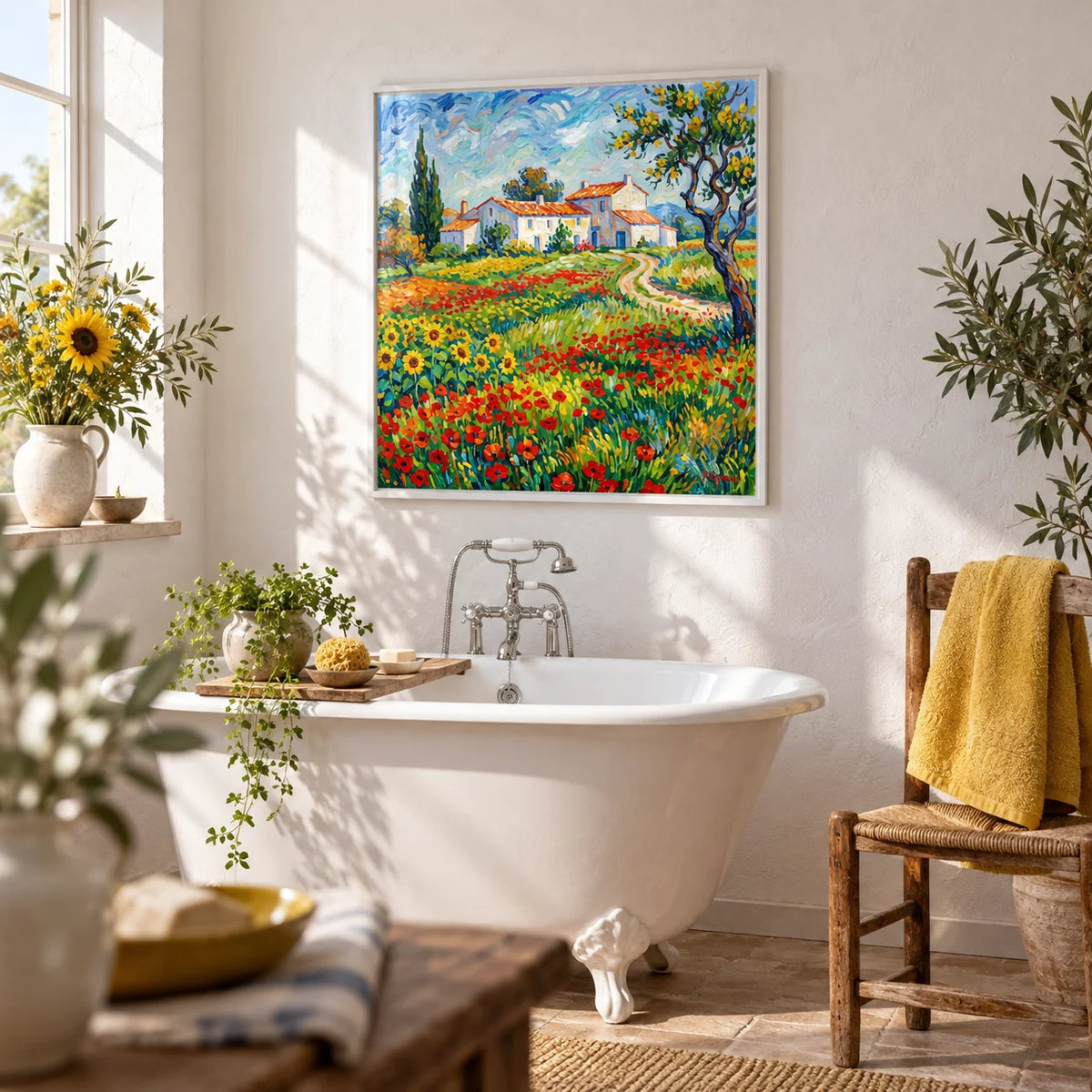 Van Gogh Painting, framed on the wall of a bright country bathroom with a white plaster wall