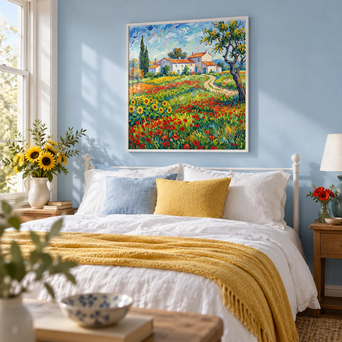 Van Gogh Painting, framed on the wall of a calm country bedroom with a soft sky blue wall