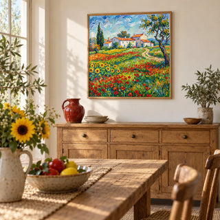 Van Gogh Painting, framed on the wall of a farmhouse dining room with a warm white wall