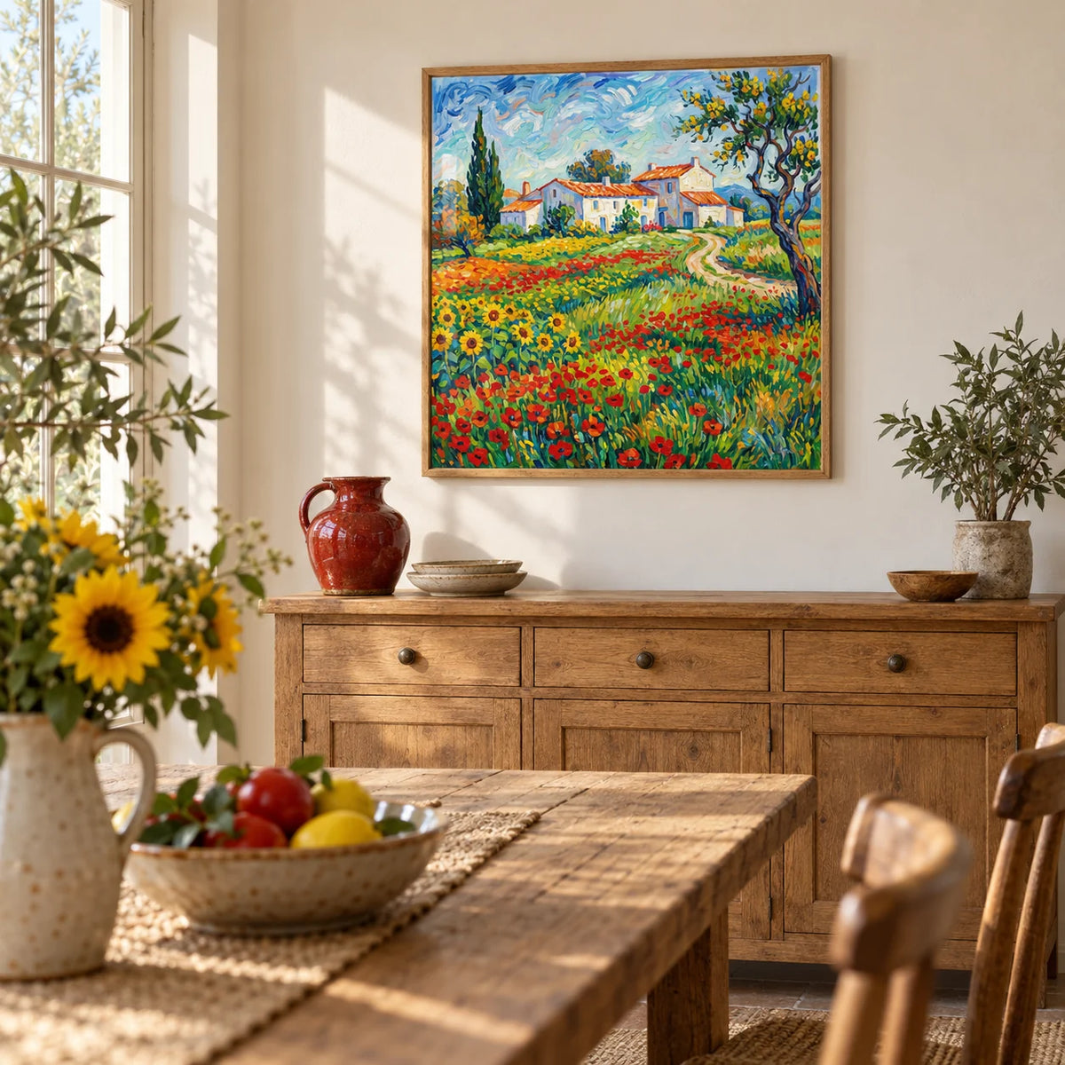 Van Gogh Painting, framed on the wall of a farmhouse dining room with a warm white wall
