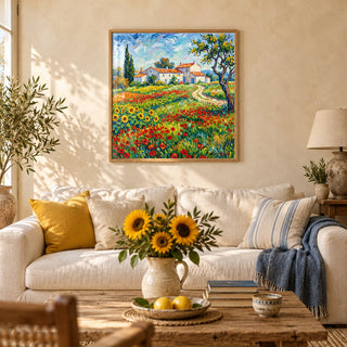 Van Gogh Painting, framed on the wall of a Provence-style living room with a warm cream limewashed wall