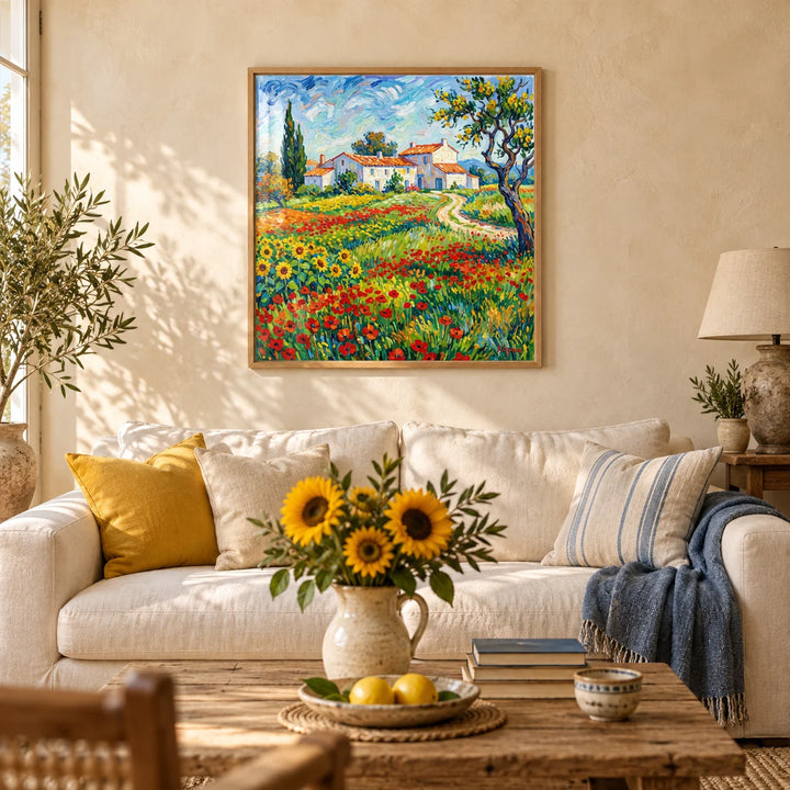Van Gogh Painting, framed on the wall of a Provence-style living room with a warm cream limewashed wall