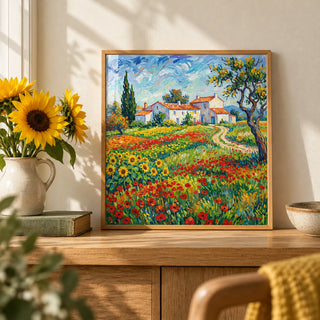 Van Gogh Painting, a small A4 framed print leaning on an oak shelf in a living room