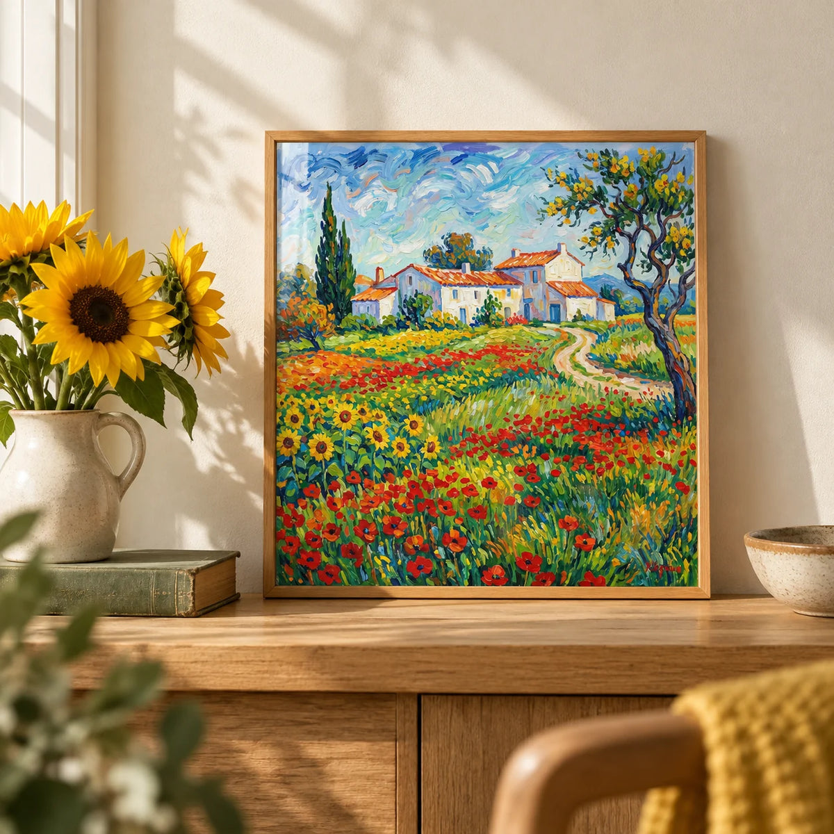 Van Gogh Painting, a small A4 framed print leaning on an oak shelf in a living room