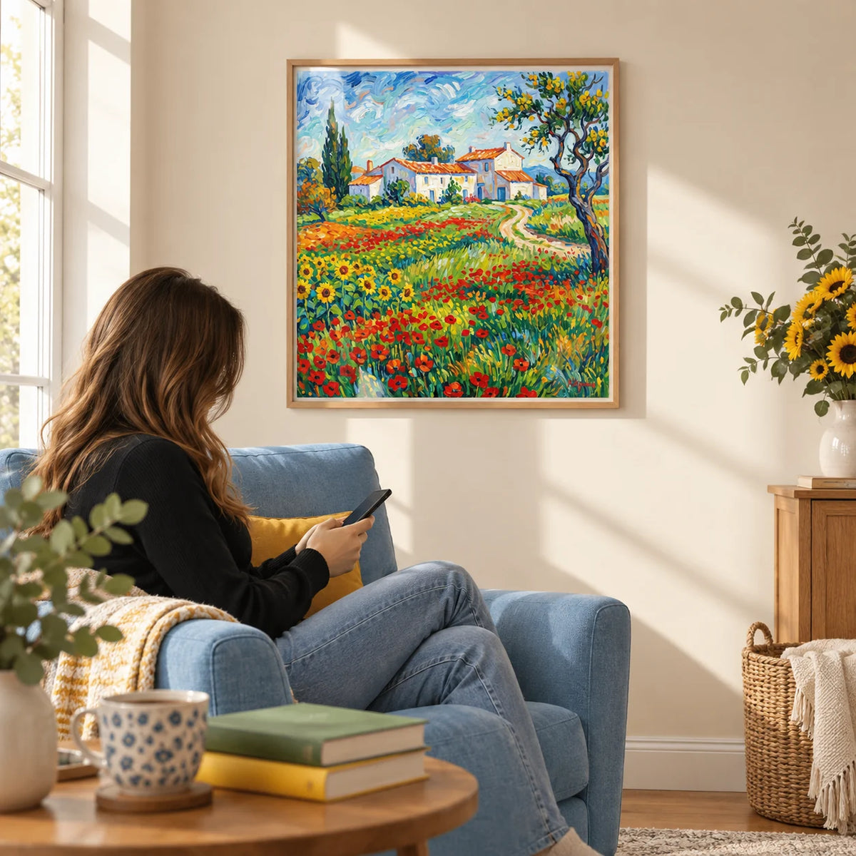 Van Gogh Painting, framed on the wall of a sunny reading corner with a cream wall in a living room