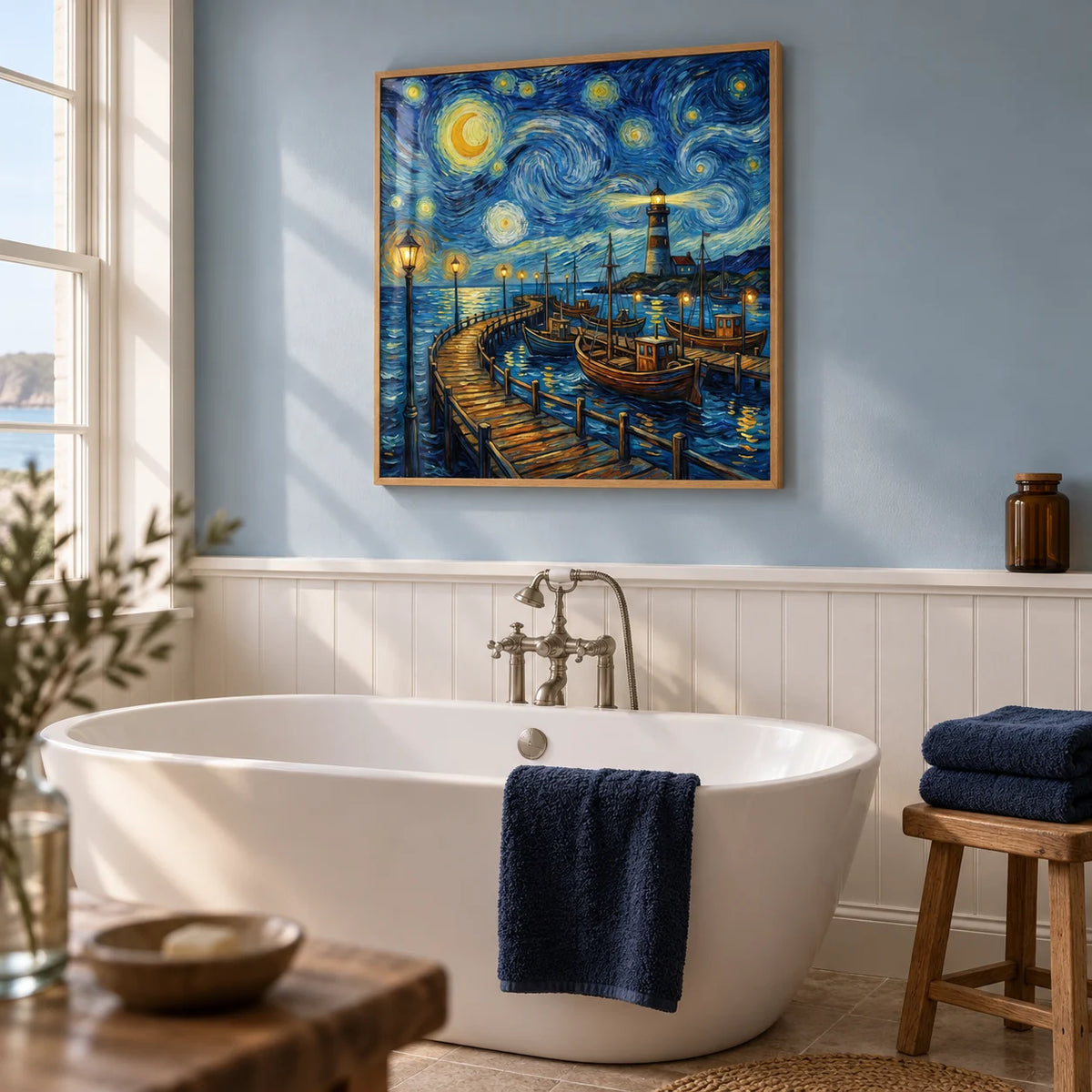 Van Gogh Poster, framed on the wall of a calm coastal bathroom with a pale blue painted wall above simple white panelling