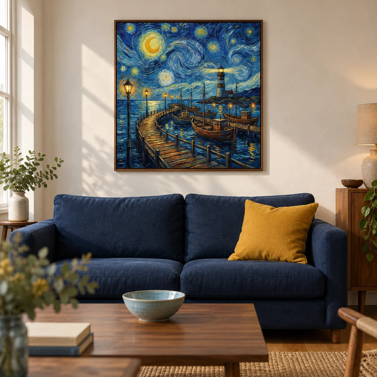 Van Gogh Poster, framed on the wall of a characterful coastal living room in a UK terraced home with warm white plaster walls and oak floorboards