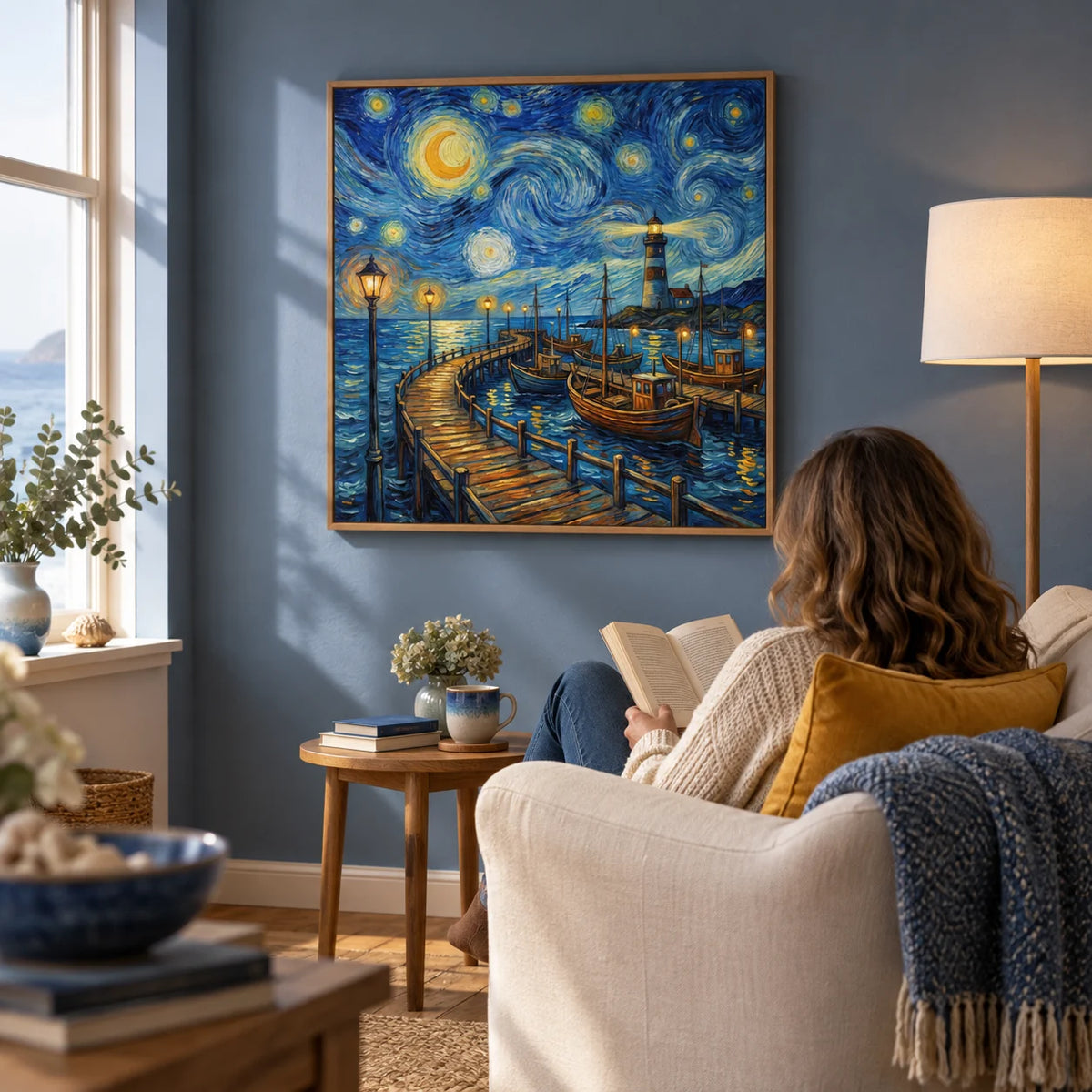 Van Gogh Poster, framed on the wall of a quiet reading corner in a coastal flat with a muted blue wall and warm timber floor in a living room