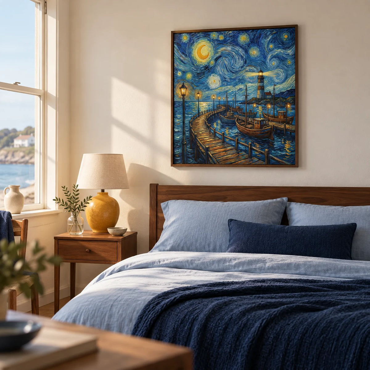 Van Gogh Poster, framed on the wall of a restful bedroom in a UK seaside home with a warm white wall