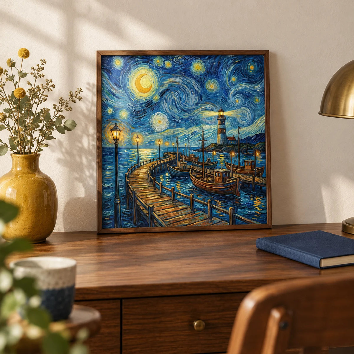 Van Gogh Poster, a small A4 framed print leaning on a walnut writing desk