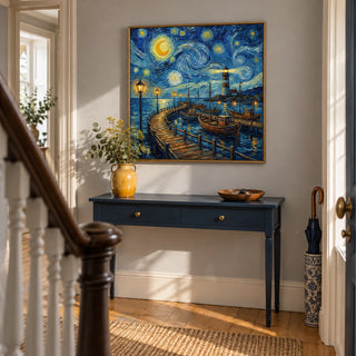 Van Gogh Poster, framed on the wall of a welcoming hallway in a Victorian terrace with pale grey plaster walls and honey-coloured floorboards