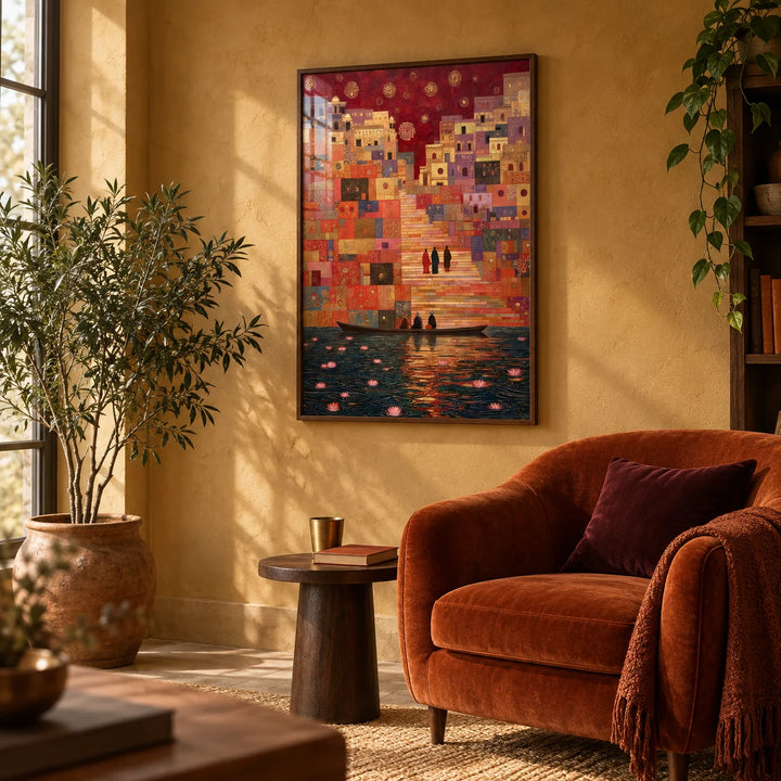 Varanasi Art Print, framed on the wall of a reading corner with a warm ochre plaster wall in a living room
