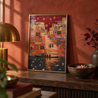 Varanasi Art Print, a small A4 framed print leaning on a dark wood shelf in a living room