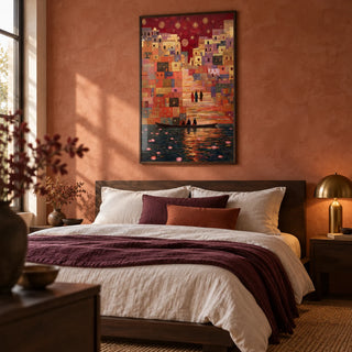 Varanasi Art Print, framed on the wall of a warm bedroom with a soft terracotta limewashed wall