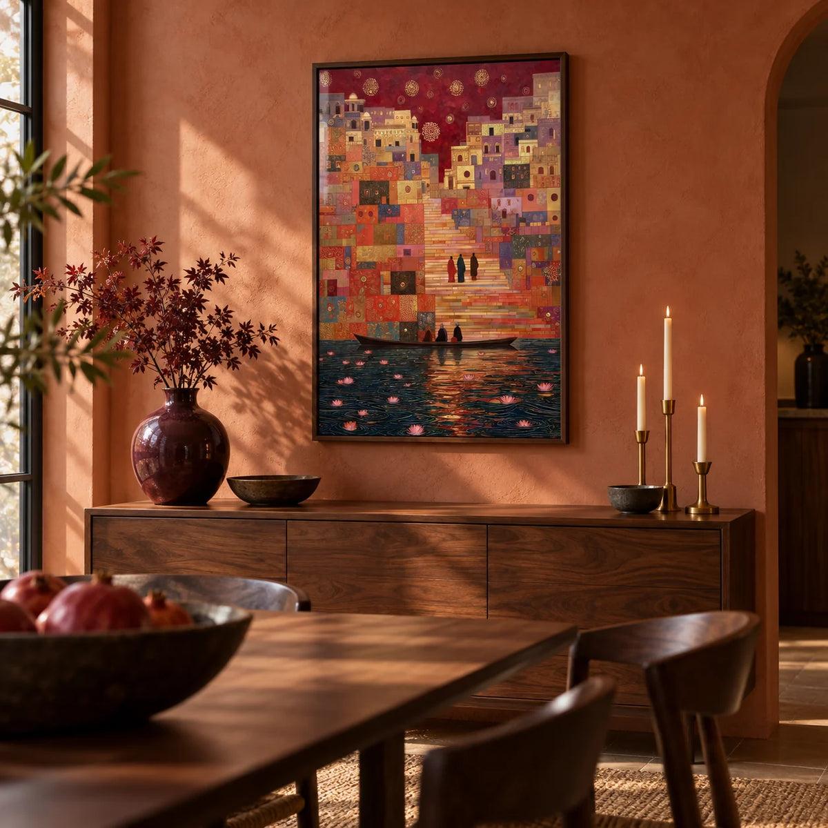 Varanasi Art Print, framed on the wall of a warm dining room with a terracotta limewashed wall