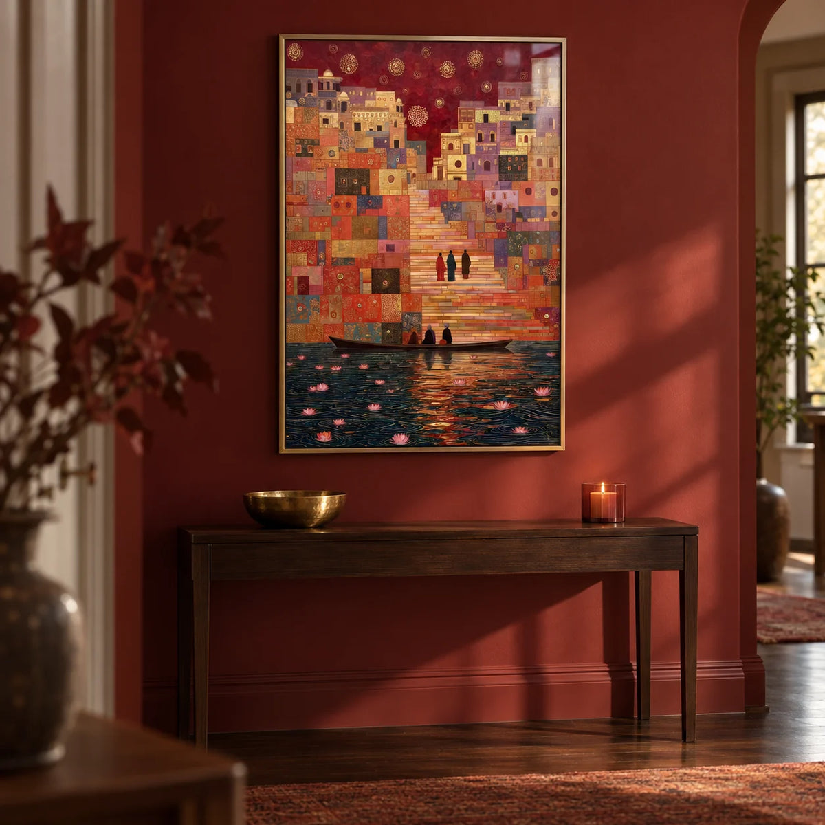 Varanasi Art Print, framed on the wall of a warm hallway with a deep red painted wall and a plain dark wood floor