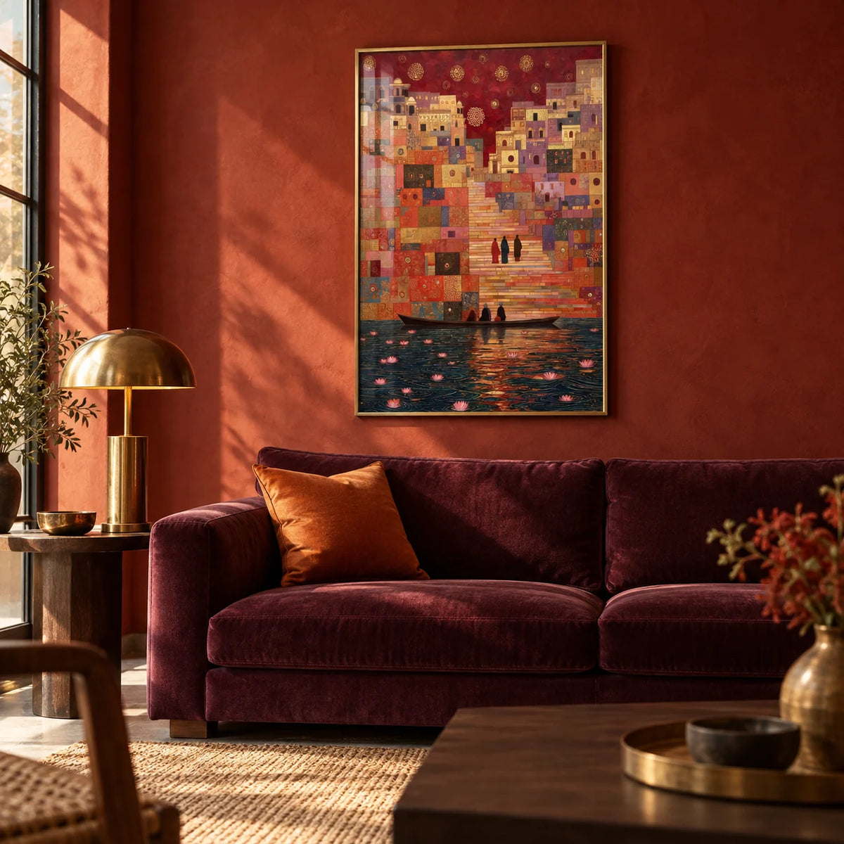 Varanasi Art Print, framed on the wall of a warm Indian-modern living room with a deep rust red limewashed wall