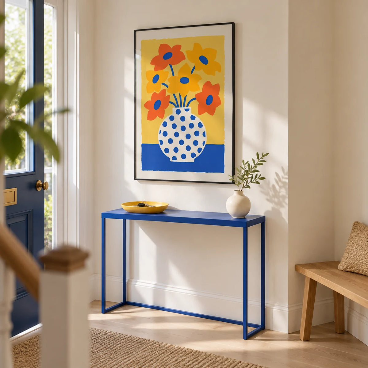 Vase and Flowers Poster, framed on the wall of a bright entrance hallway in a renovated UK terrace with warm white walls and a pale timber floor