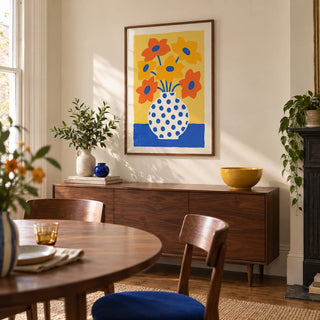 Vase and Flowers Poster, framed on the wall of a modern dining room in a Victorian terrace with a pale cream wall and warm walnut furniture