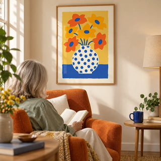 Vase and Flowers Poster, framed on the wall of a modern reading corner in a UK flat with a warm cream wall in a living room