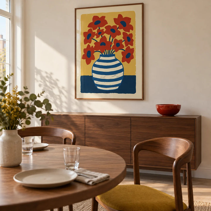 Vase Poster, framed on the wall of a modern dining room in a UK flat with a cream wall and pale timber flooring