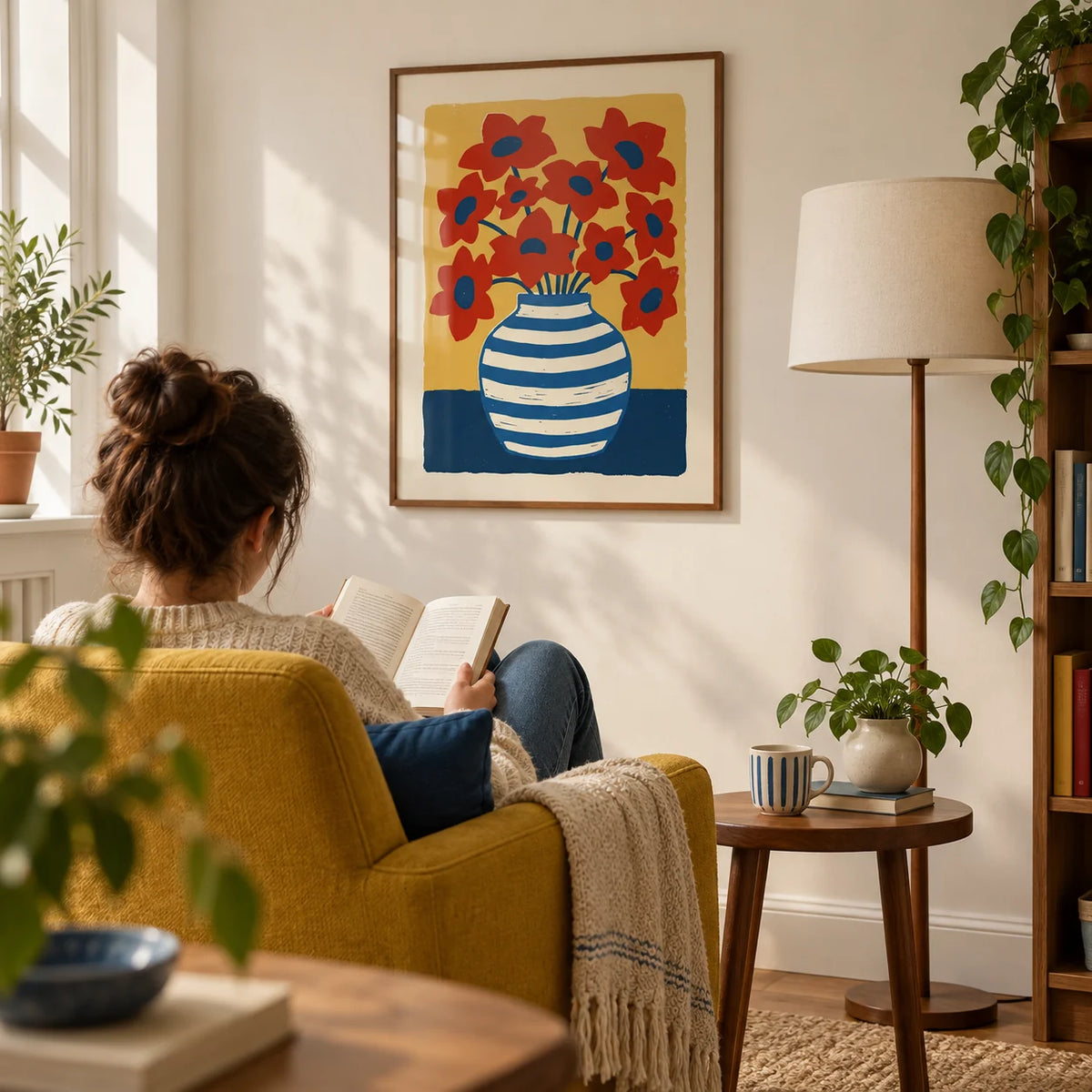 Vase Poster, framed on the wall of a relaxed reading corner in a design-conscious UK first home for an adult aged 25-35 in a living room
