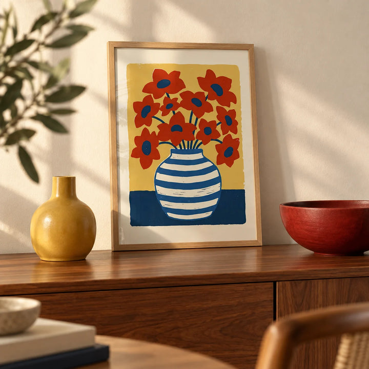 Vase Poster, a small A4 framed print leaning on a walnut sideboard in a living room