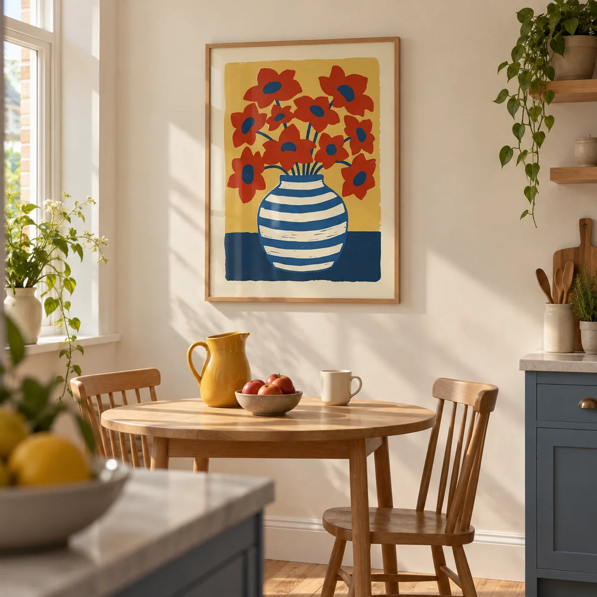 Vase Poster, framed on the wall of a sunny kitchen breakfast corner in a renovated UK terrace with plain cream walls and muted blue lower cabinets