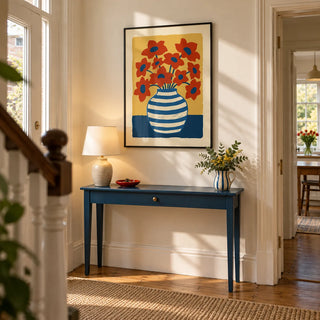 Vase Poster, framed on the wall of a welcoming hallway in a UK Victorian terrace with cream walls and warm wood floorboards